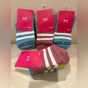 NEW Lot of 12 Pairs of Striped Sparkle Crew Socks in Blue, Brown, Yellow